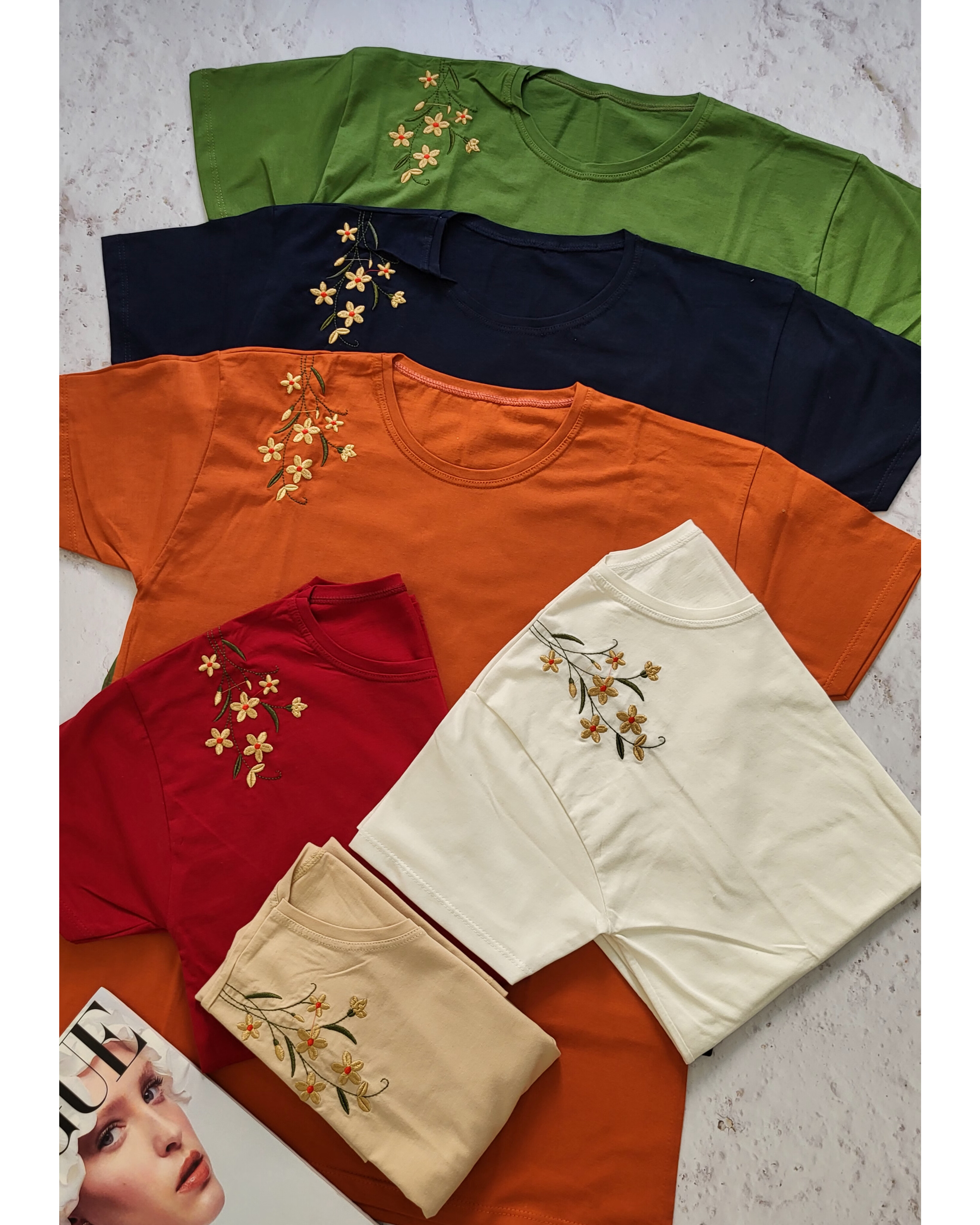 تیشرت گلدوزی زنانه جنس نخ پنبه  فری سایز تا ۴۲