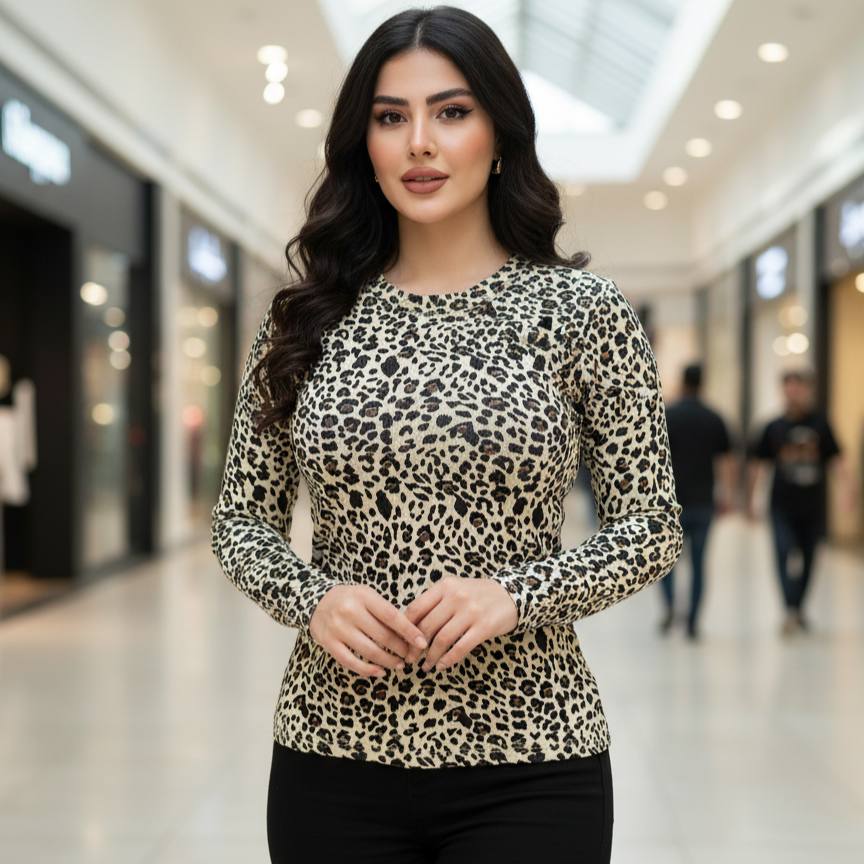 بلوز استین بلندزنانه  مدل پلنگی جنس سوپر پنبه قد ۵ فری سایز تا ۴۴ جنس کبریتی سوپر پنبه